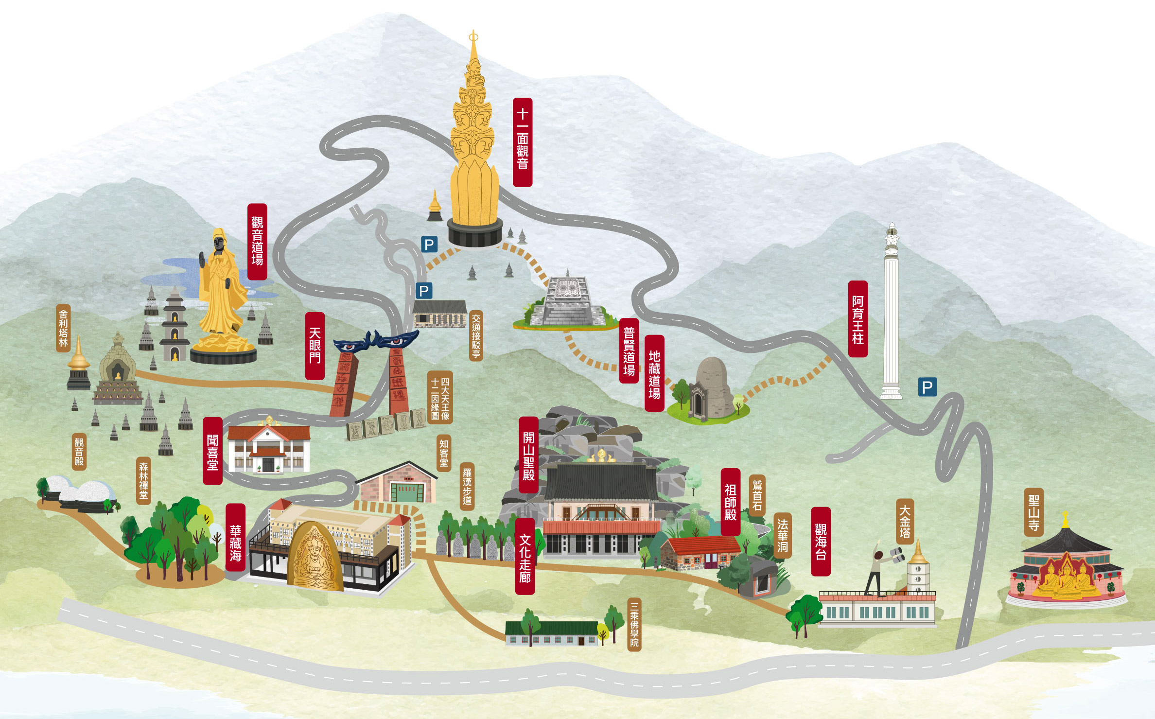 福隆靈鷲山無生道場平面圖標示出【百景名稱】各導覽項目，導覽項目有5項，詳細內容請見下方